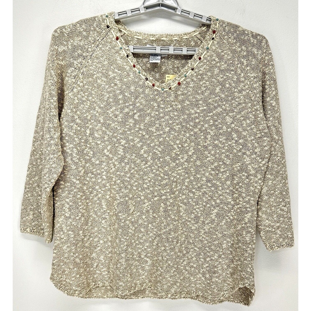 Acorn Sweater Womens‎ Size XL Beige Linen Cotton Blend 3/4 Sleeve Beading Detail